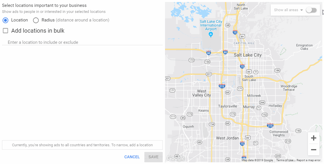 google ads campaign settings location click areas