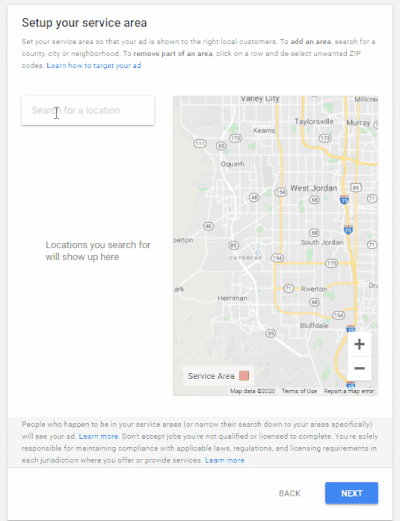 set up service area local service ads
