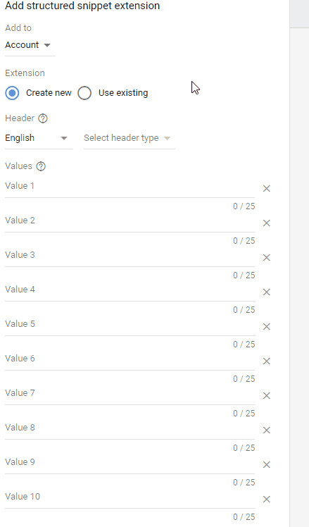 create structured snippet extension category