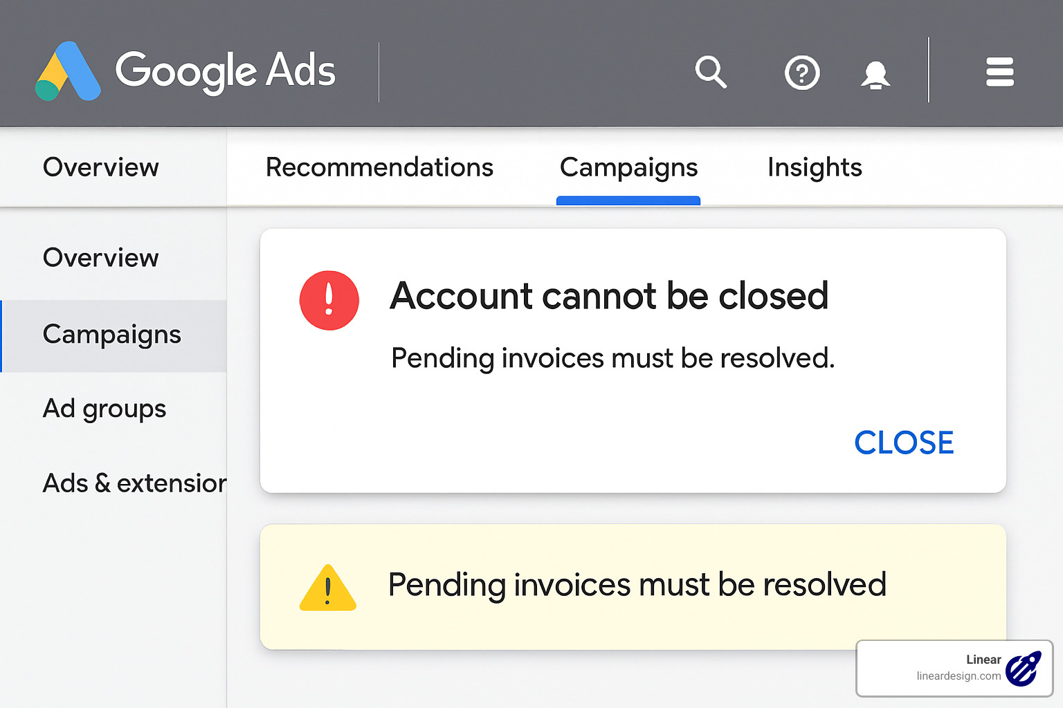Common error messages and alerts that appear during Google Ads Manager account closure attempts - how to delete google ads manager account