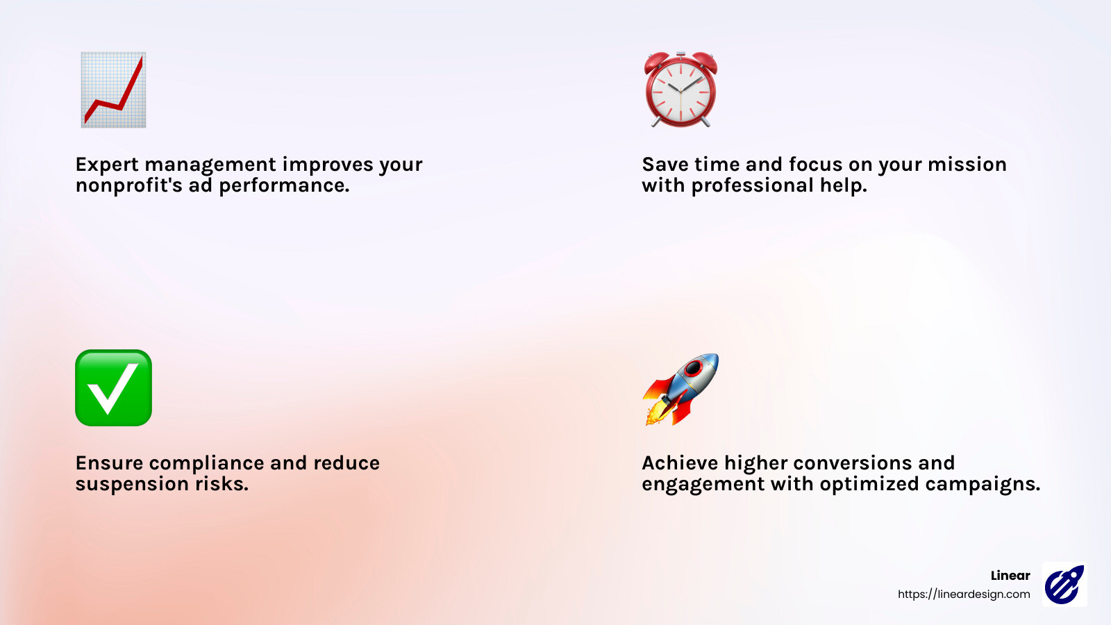 Professional management leads to better performance and compliance. - google ad grant management infographic 4_facts_emoji_light-gradient