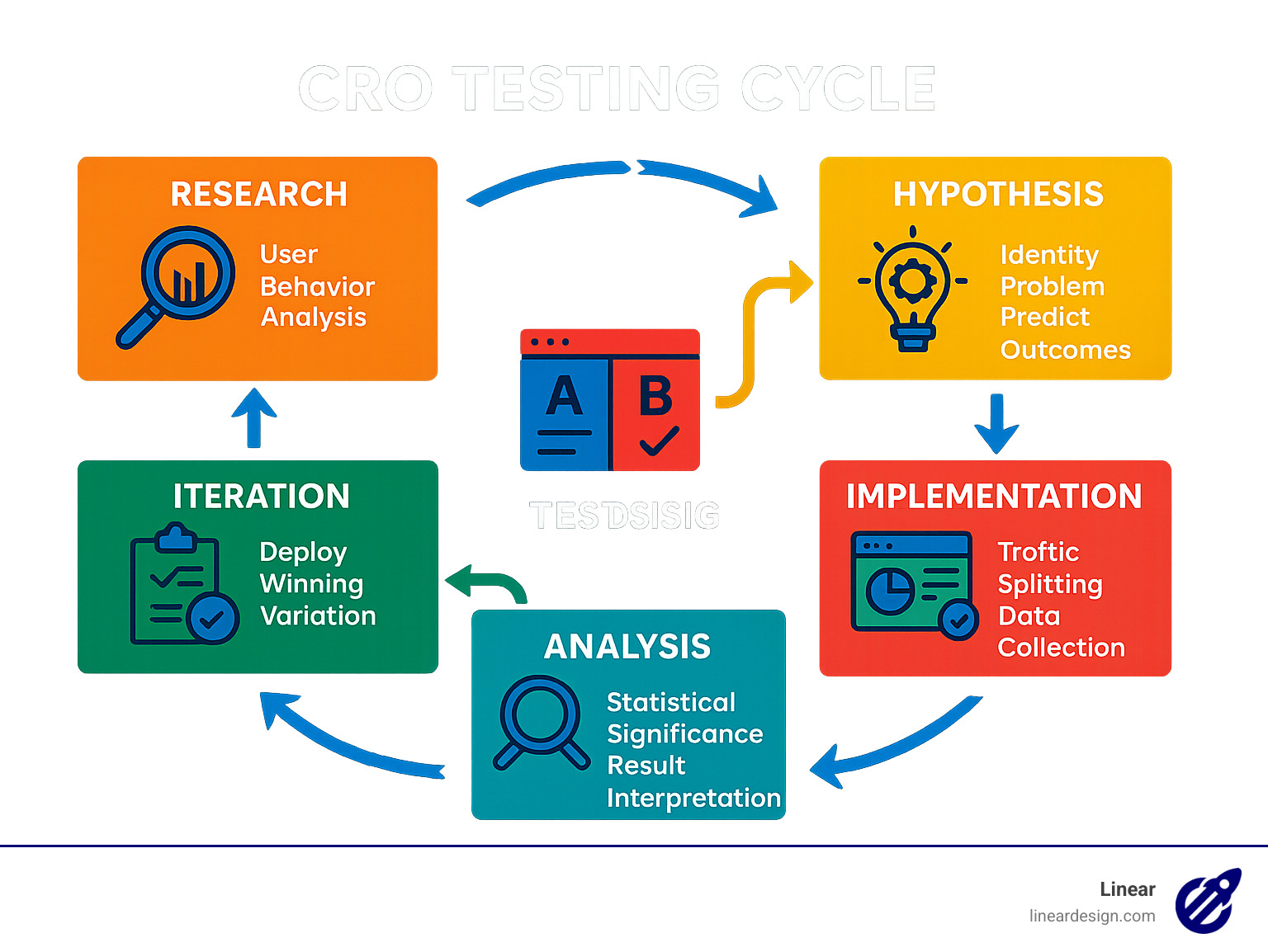 Detailed infographic showing the CRO testing cycle: Research phase with user behavior analysis and competitor benchmarking, Hypothesis phase with problem identification and predicted outcomes, Test Design phase with A/B test setup and success metrics, Implementation phase with traffic splitting and data collection, Analysis phase with statistical significance checking and result interpretation, and Iteration phase with winning variation deployment and next test planning - conversion rate optimization case studies infographic 