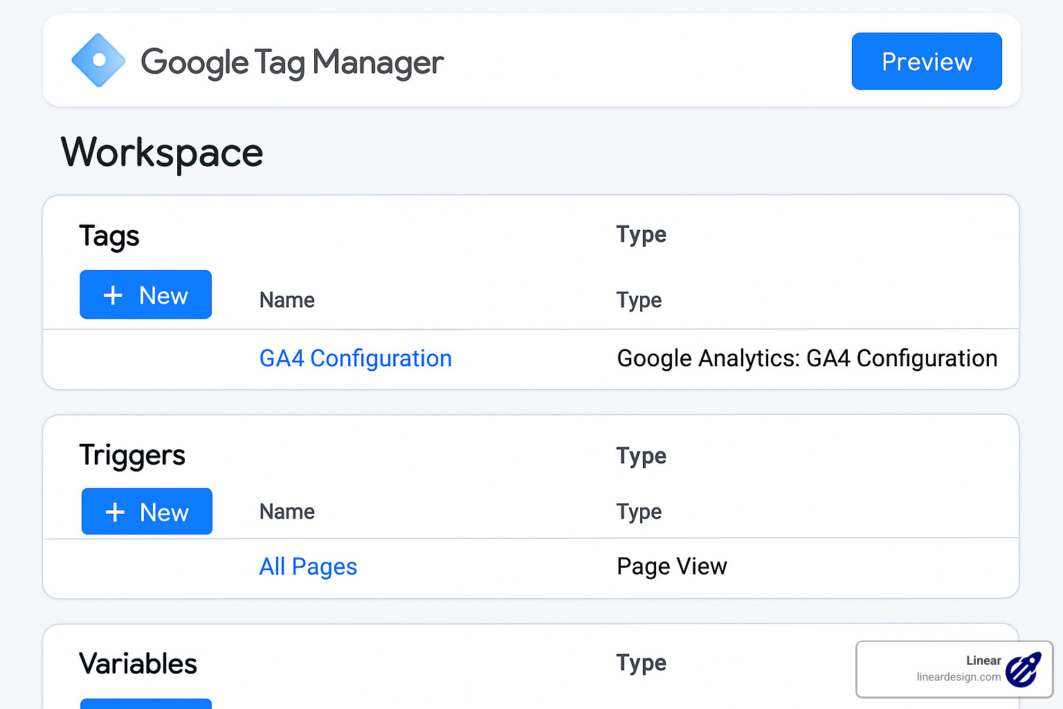 Google Tag Manager workspace interface with tags, triggers, and variables panels - google ads tag manager