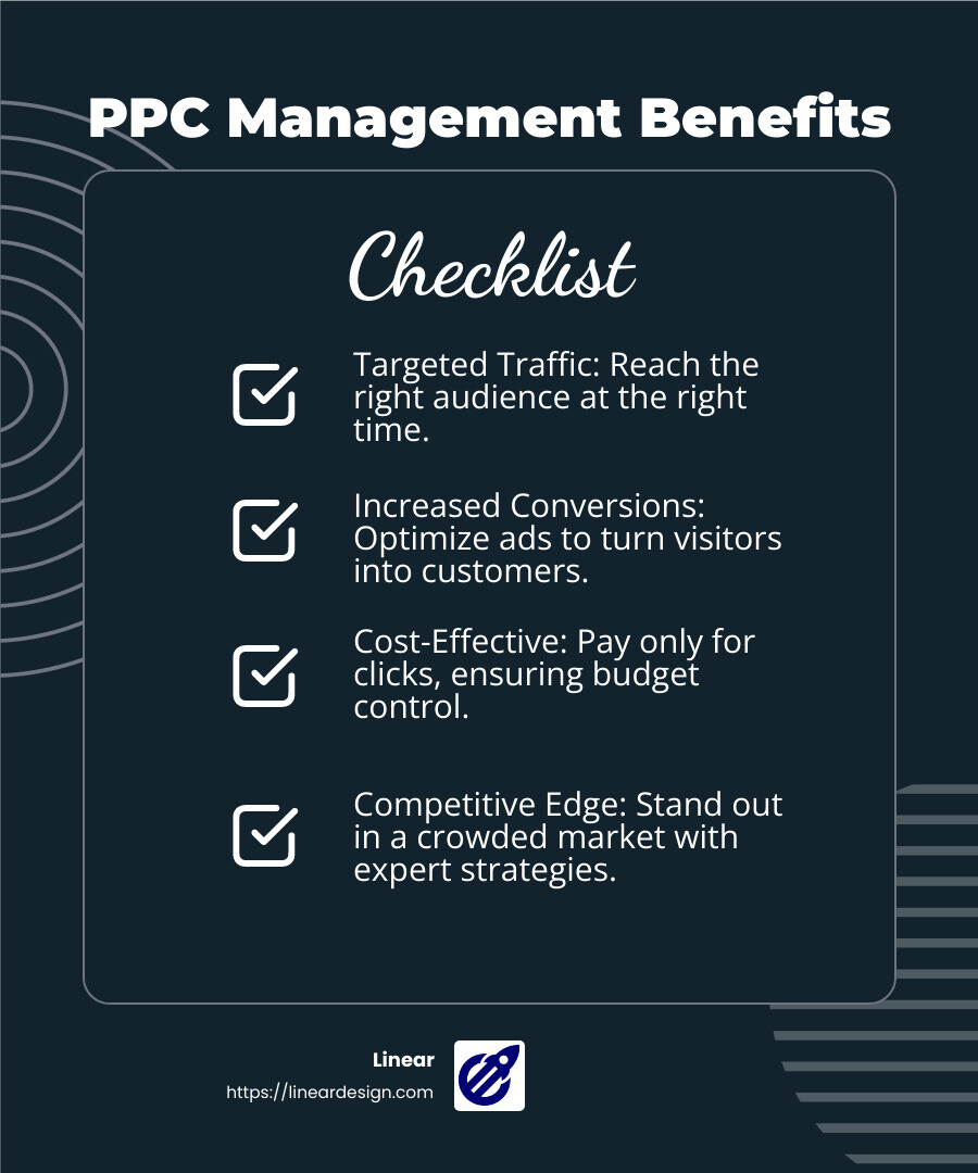 PPC management benefits infographic - ppc campaign management services infographic checklist-dark-blue