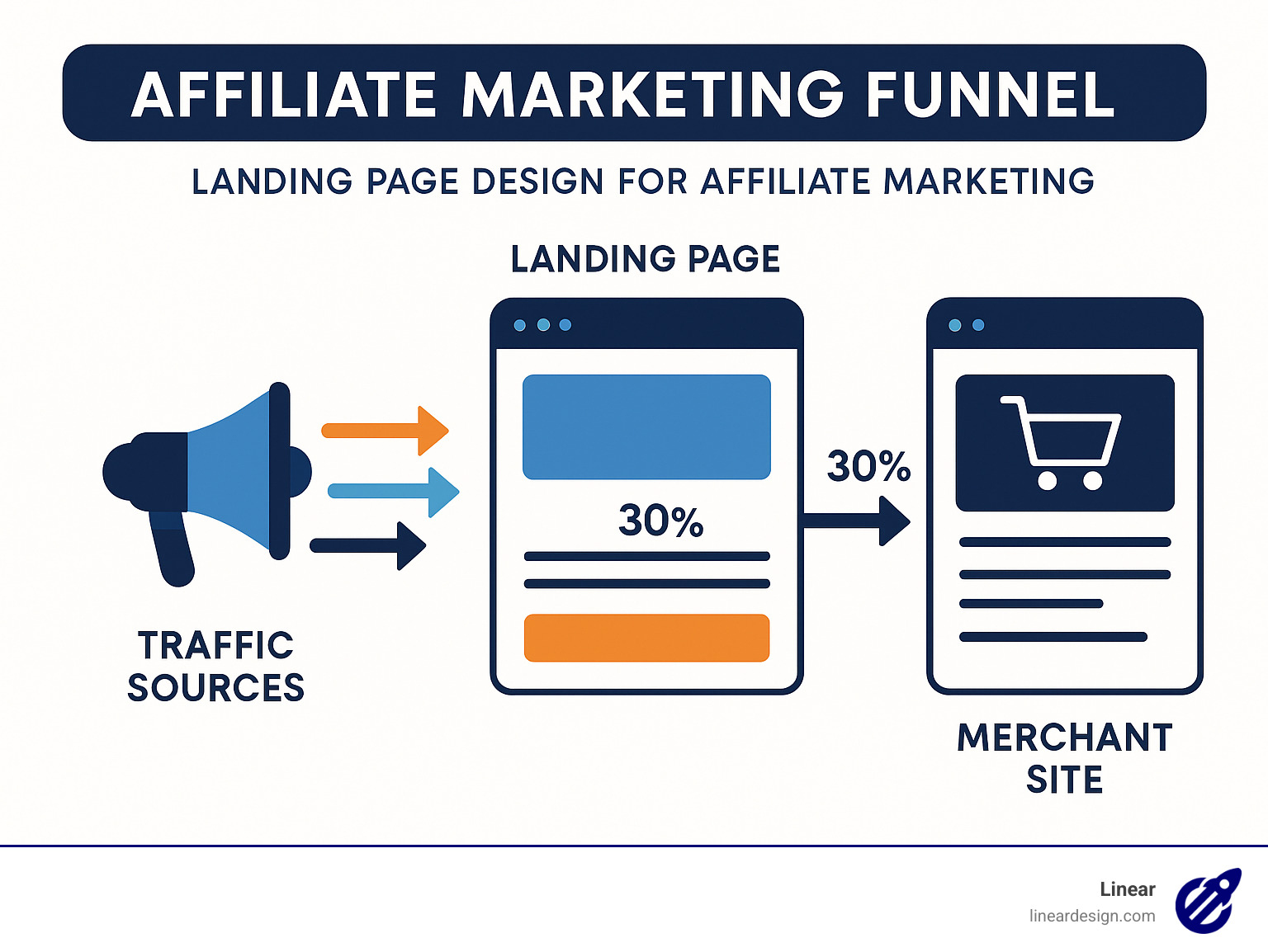 Affiliate marketing funnel showing how traffic flows from sources through a landing page to merchant site with conversion percentages at each stage - landing page design for affiliate marketing infographic 