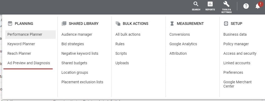 google ads campaign settings ad preview diagnosis