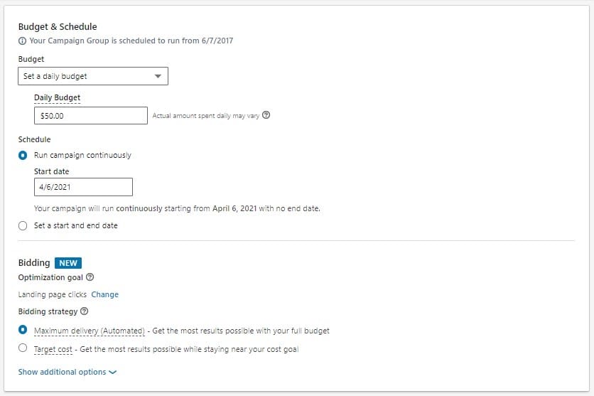Budget schedule and bidding for Linkedin ads