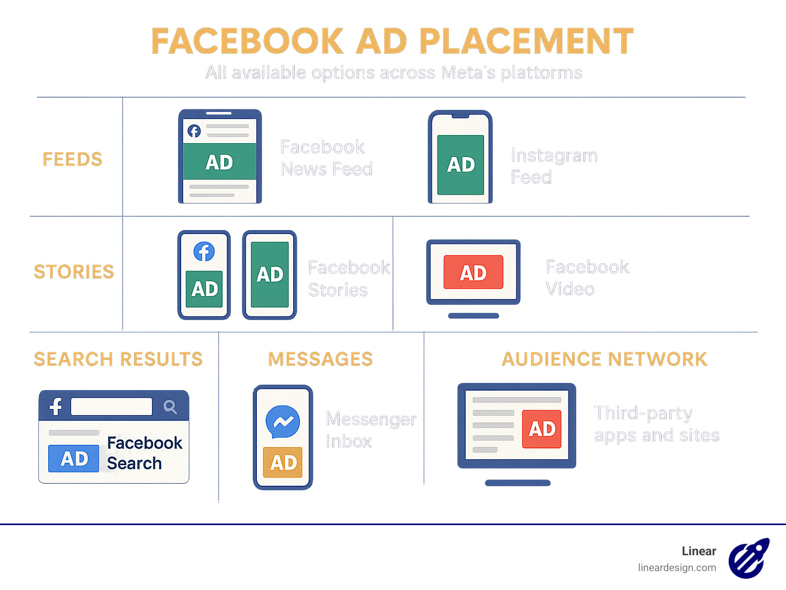 Detailed diagram showing all Facebook ad placement options across platforms, including Facebook, Instagram, Messenger and Audience Network, with visual examples of each placement type and their typical performance metrics - facebook ad placement infographic 