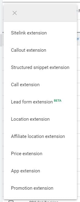 create google ad extensions options dropdown 2
