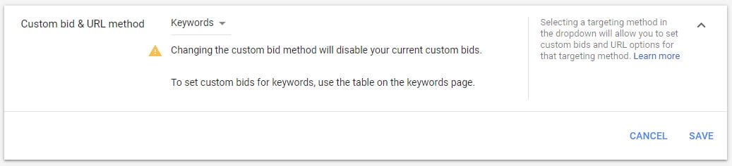 Custom Bid and URL settings display ads