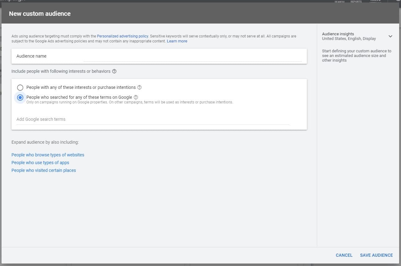 custom intent based audience google ads