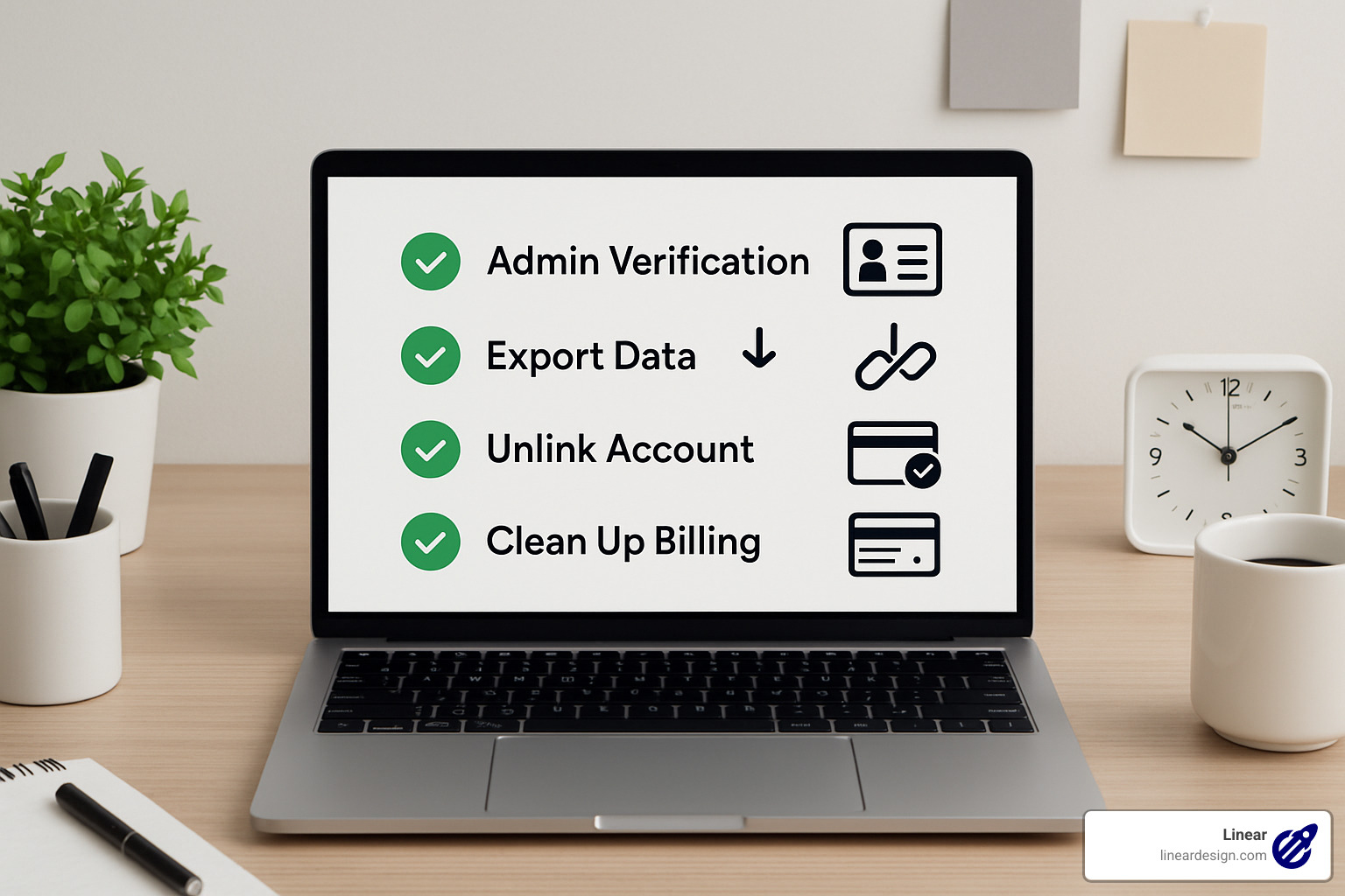 Step-by-step pre-deletion checklist showing admin verification, data export, account unlinking, and billing cleanup - how to delete google ads manager account