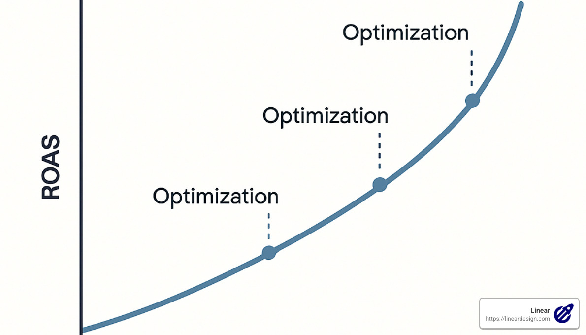 Growth graph showing consistent improvement in ROAS over time with optimization points marked - best ppc management company