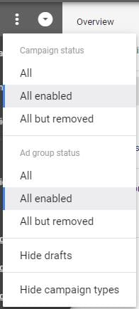 Google Ads Guide Navigation Menu Filtering Options