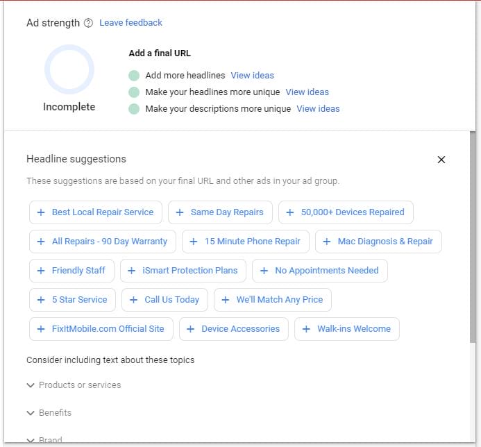 Google Ads Guide Responsive Search Ads Suggestions