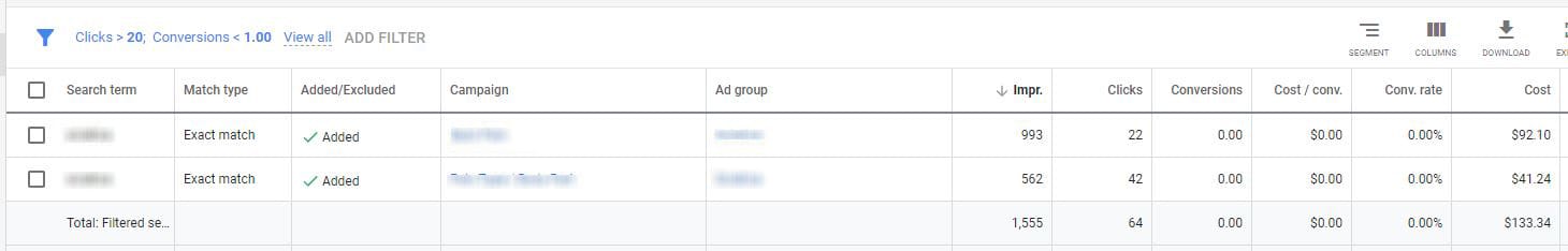 google ads optimization monthly search terms filter