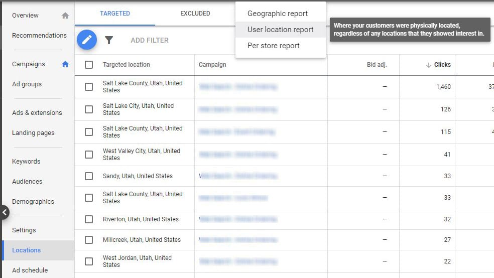 google ads optimization user location report
