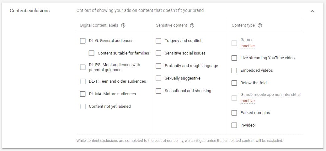 Google Display Ads Content Exclusions