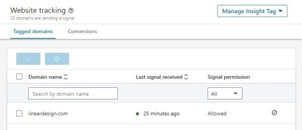 Linkedin campaign manager tracked domains page