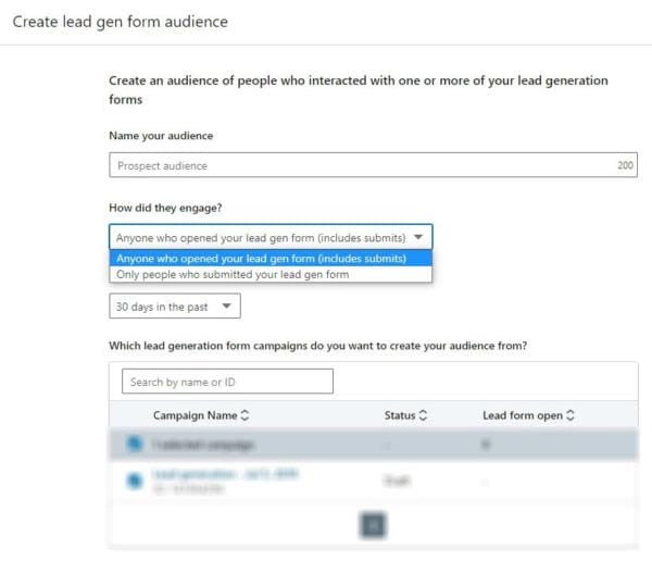 Linkedin retargeting lead gen form audience page