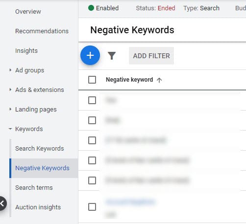 negative keywords add