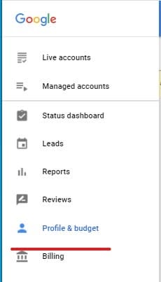 profile and budget tab local service ads