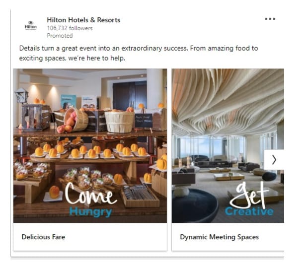 Hilton LinkedIn ad example carousel ad