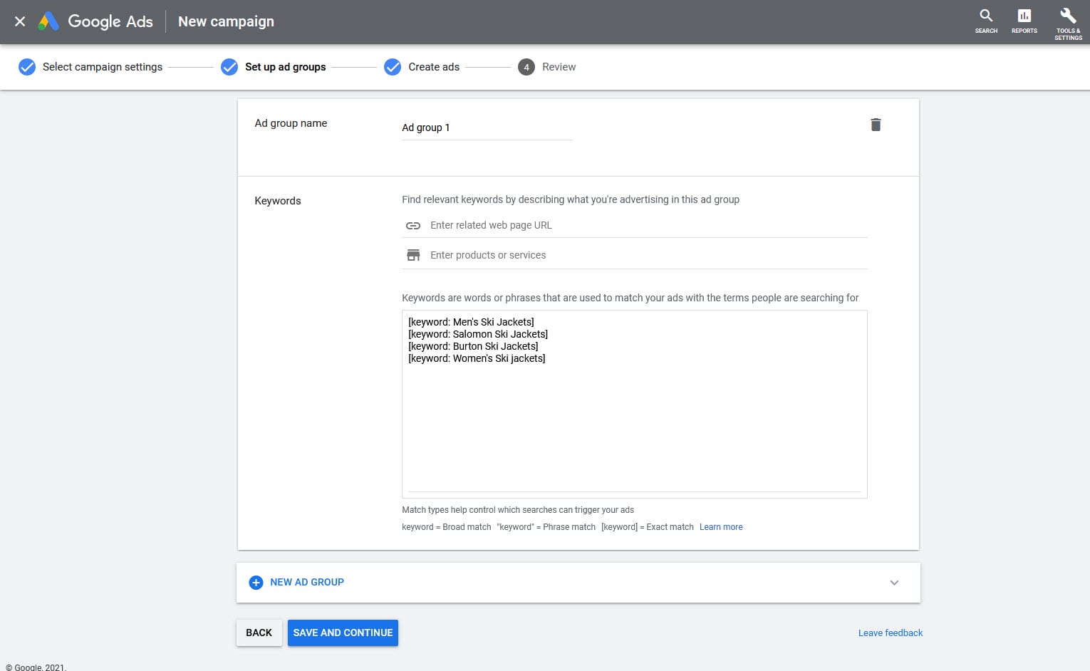 set up your exact match keyword list