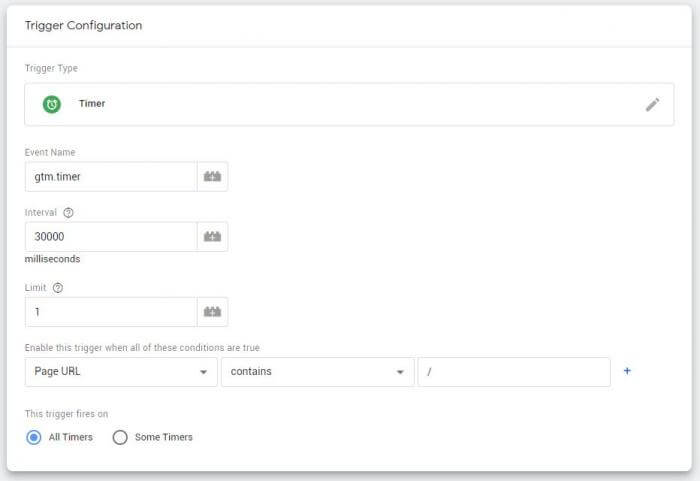 Timer Trigger Options in Google Tag Manager