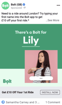 bolt Facebook brand awareness ad example 2