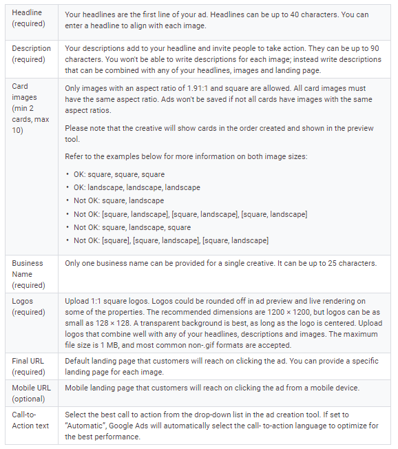 Discovery Carousel Ad asset specifications