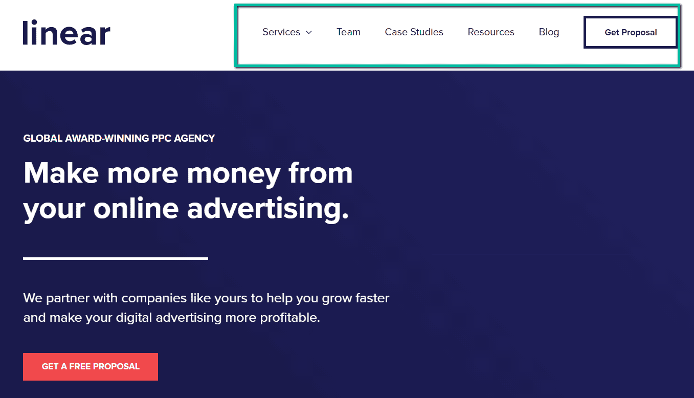 linear homepage navigation example