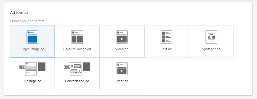 Available ad formats for the Website Visits campaign objective.