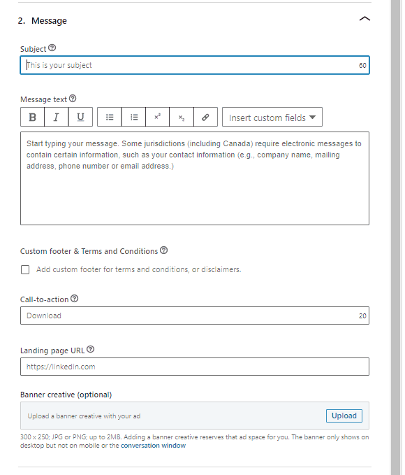 Linkedin sponsored InMail Message