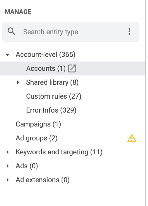 Navigation Google Ads Editor