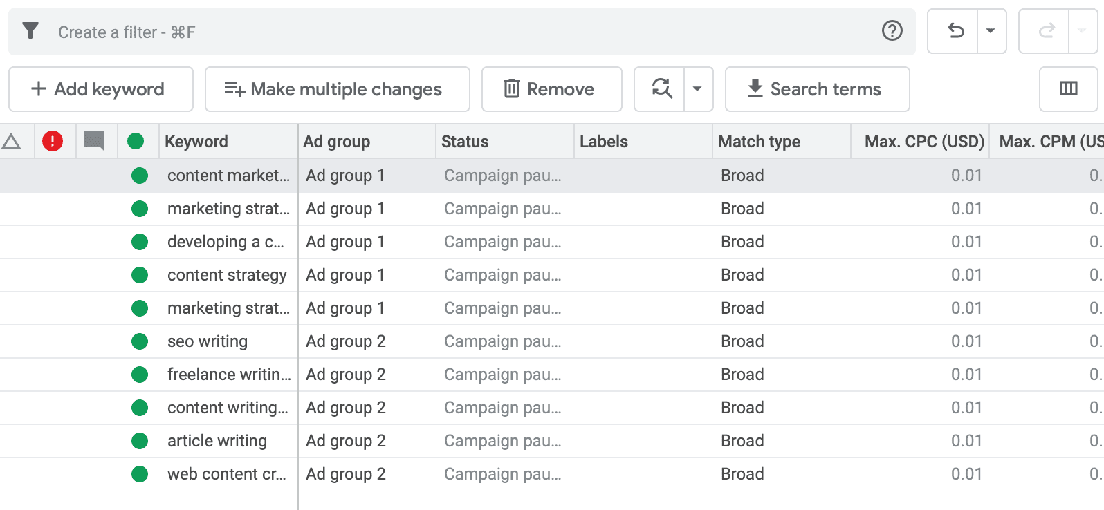 Google Ads Editor Display Screen