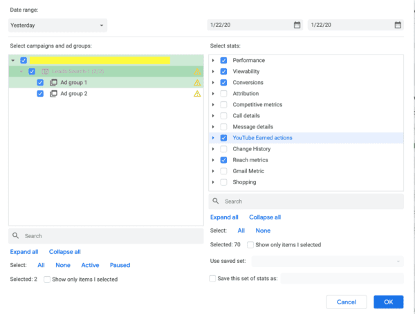 Selecting Statistics Google Ads Editor