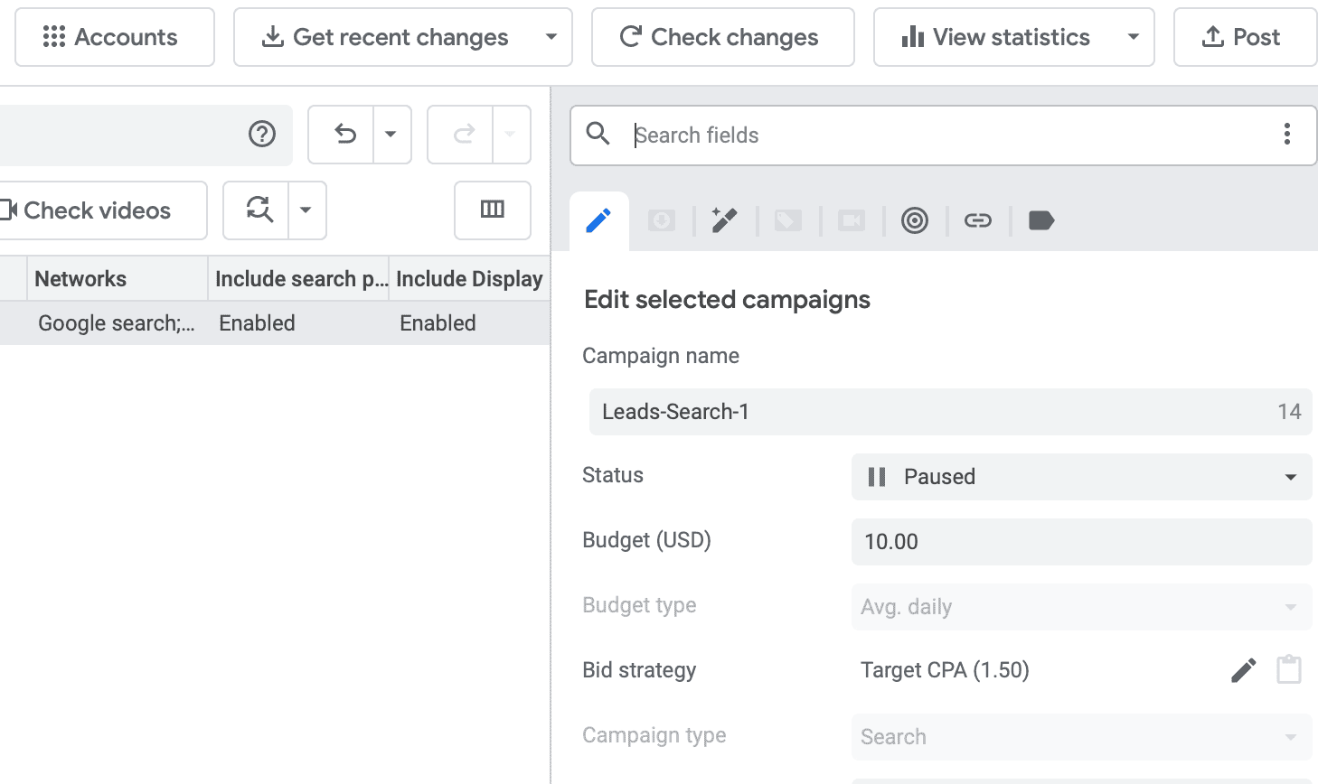 Toolbar Google Ads Editor
