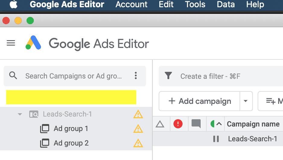 Google Ads Editor Navigation
