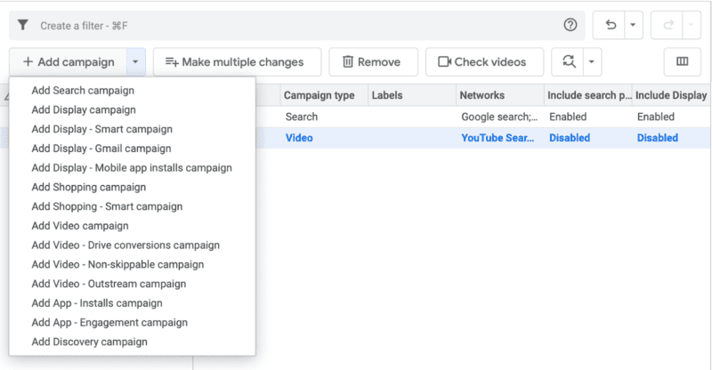 Google Ads Editor Campaign Types 