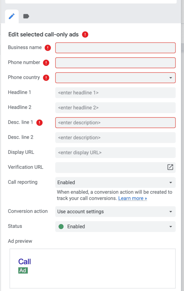 editing call only ads with google ads editor