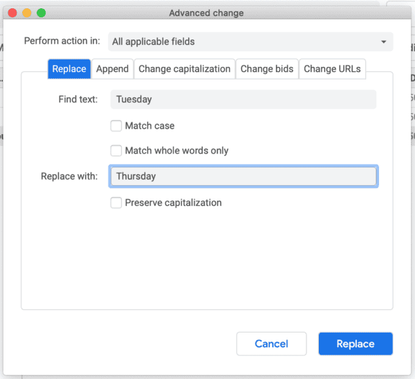 Bulk replacements google ads editor