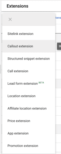 Callout extensions dropdown in extensions menu