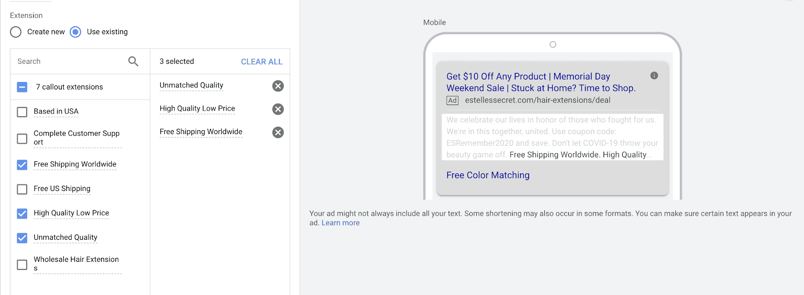 selecting existing callout extensions