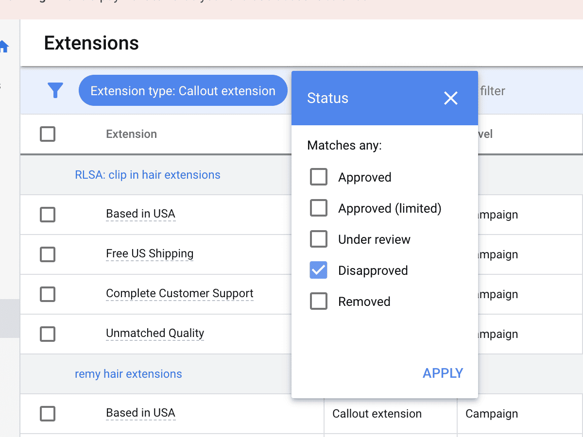 extension type filter for disapproved callout extensions
