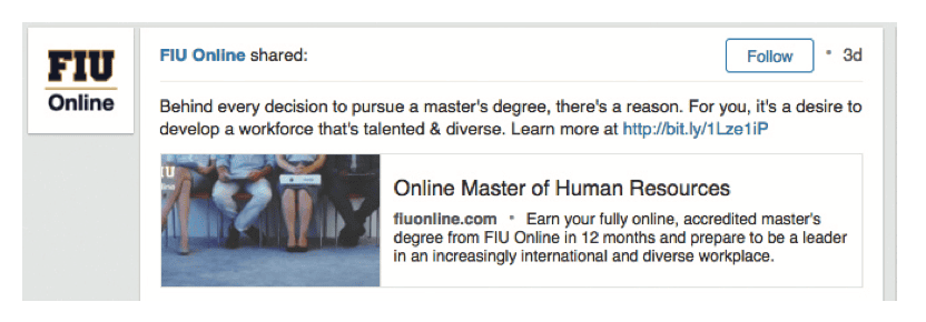 FIU Online Linked In Single Image Ad Example