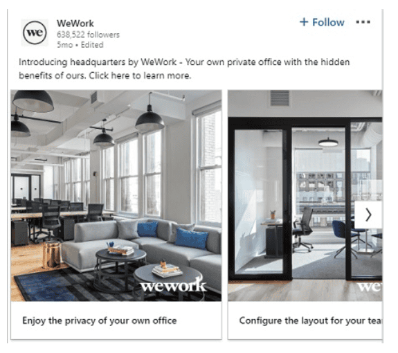 WeWork LinkedIn ad example carousel ad