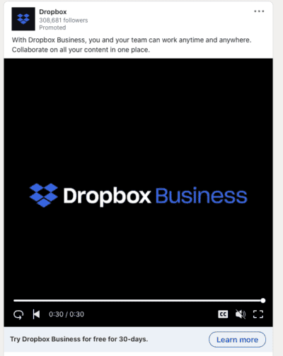 Dropbox LinkedIn Video Ad Example