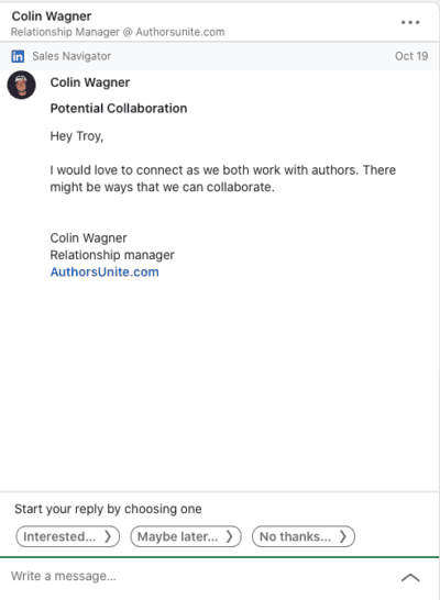 AuthorsUnite LinkedIn Message Ad Example